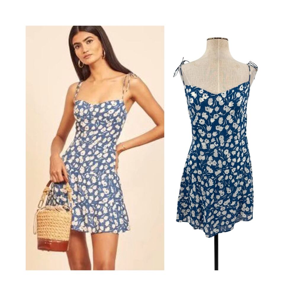 Reformation Othello Tuli Floral Tie Strap Mini Dress Blue White Size 8
